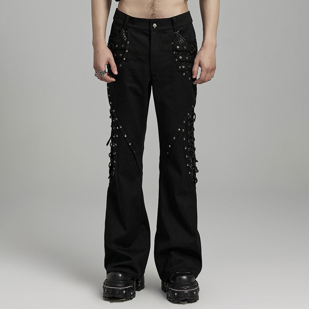 PUNK RAVE Men's Punk Rock Mesh Splice Eyelet Straps Flared Pants