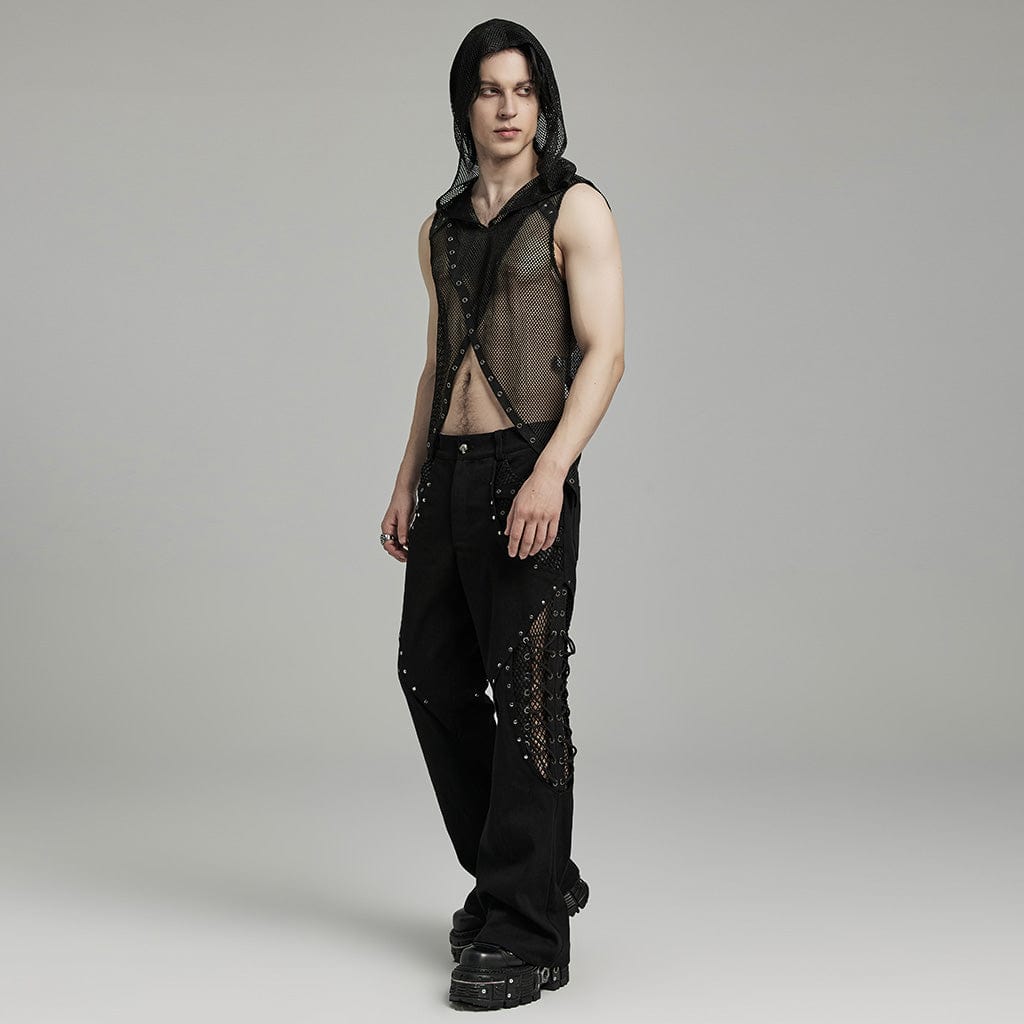 PUNK RAVE Men's Punk Rock Mesh Splice Eyelet Straps Flared Pants