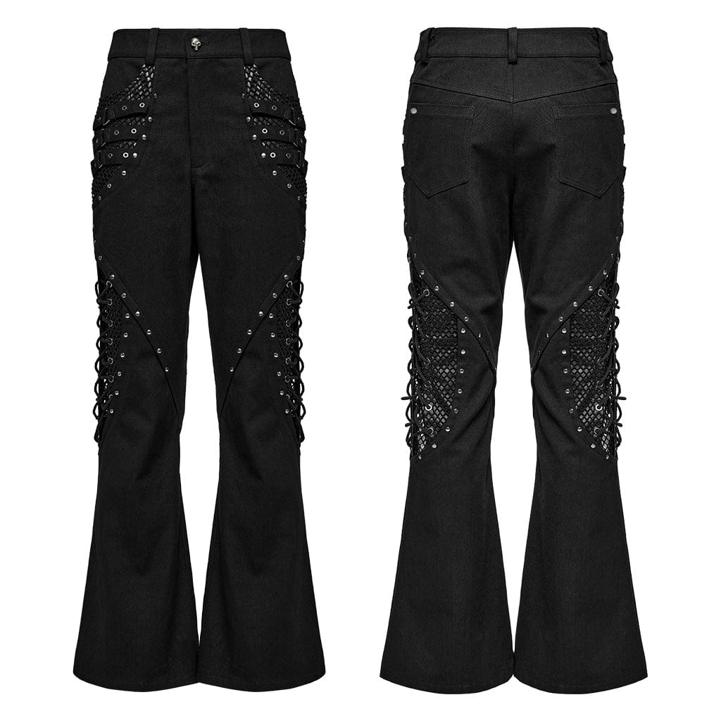 PUNK RAVE Men's Punk Rock Mesh Splice Eyelet Straps Flared Pants