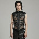 PUNK RAVE Men's Punk Rock Multi-buckles Mesh Splice Faux Leather Vest