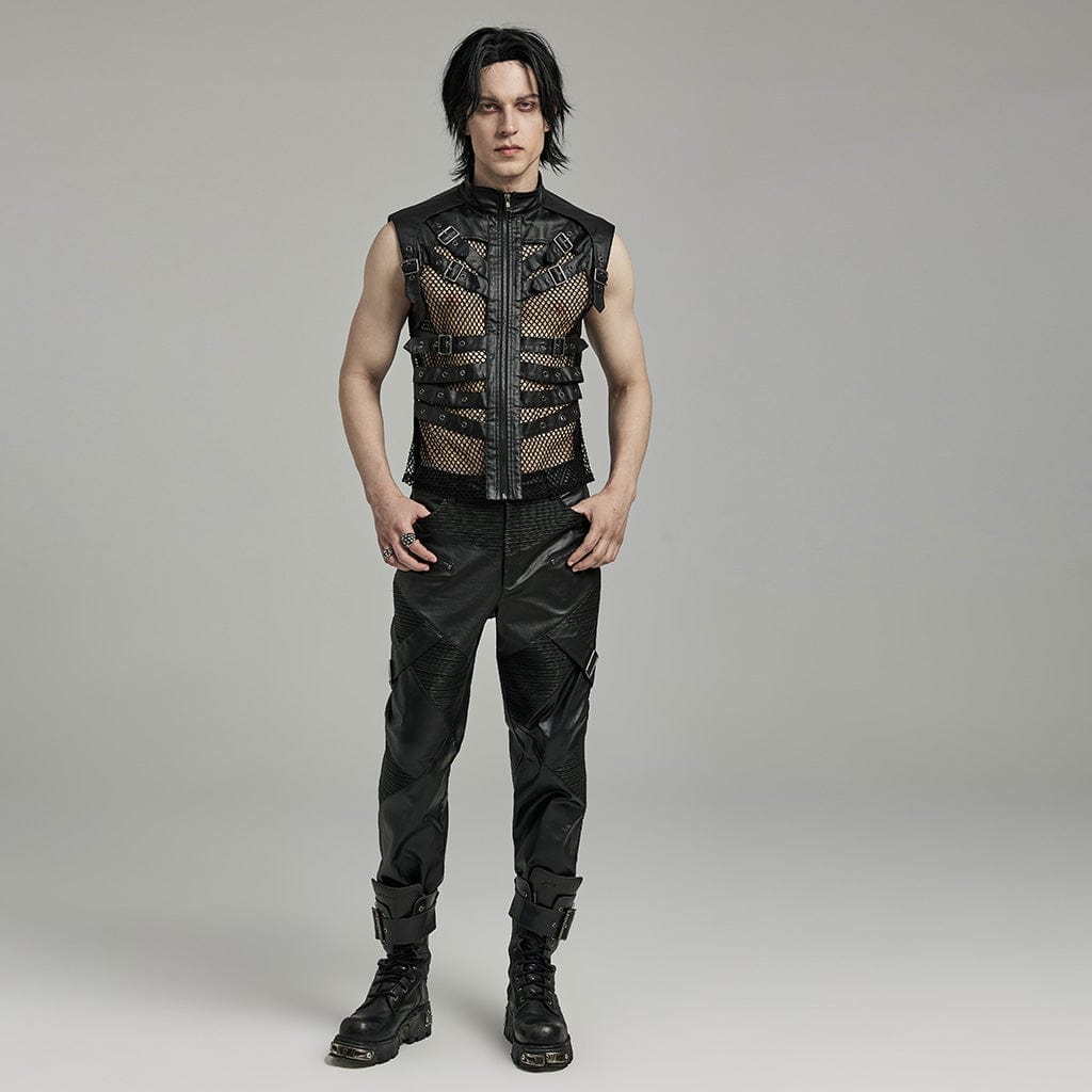 PUNK RAVE Men's Punk Rock Multi-buckles Mesh Splice Faux Leather Vest