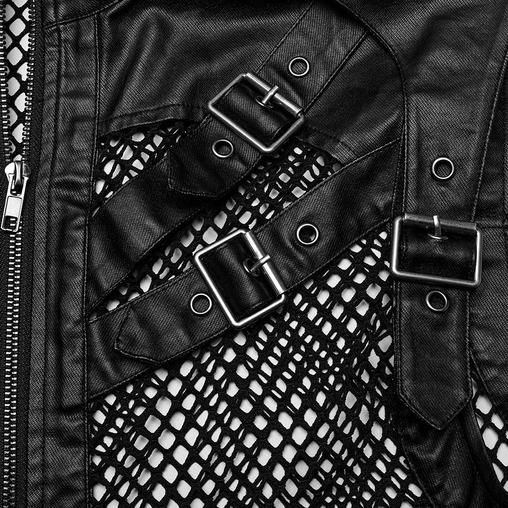 PUNK RAVE Men's Punk Rock Multi-buckles Mesh Splice Faux Leather Vest