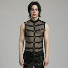 PUNK RAVE Men's Punk Rock Stand Collar Buckle Straps Mesh Tank Top