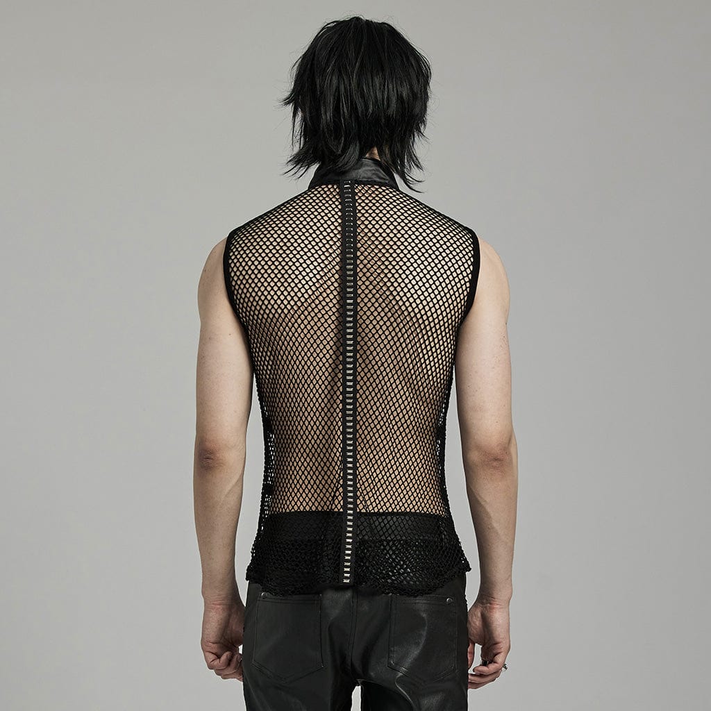 PUNK RAVE Men's Punk Rock Stand Collar Buckle Straps Mesh Tank Top