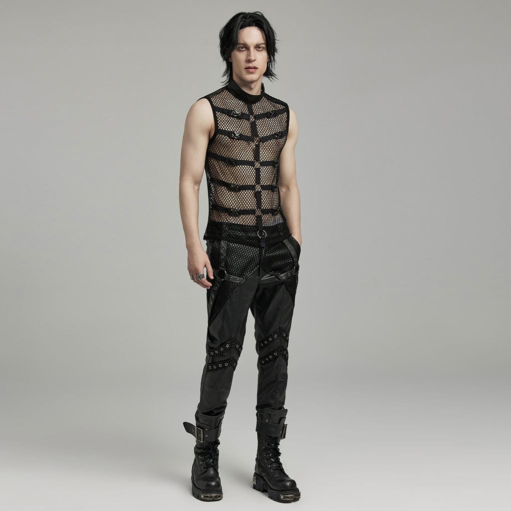 PUNK RAVE Men's Punk Rock Stand Collar Buckle Straps Mesh Tank Top