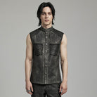 PUNK RAVE Men's Punk Rock Stand Collar Mesh Splice Black Grey Vest
