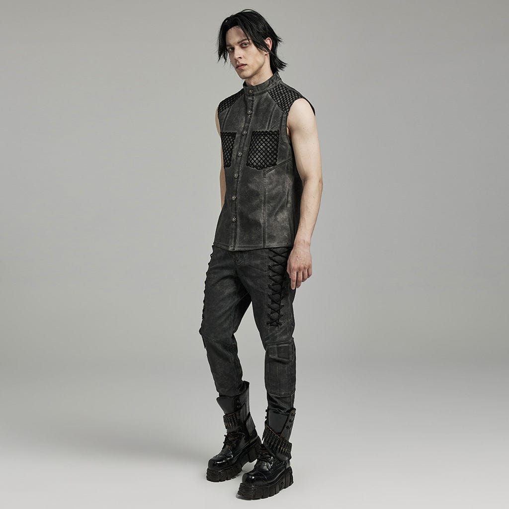 PUNK RAVE Men's Punk Rock Stand Collar Mesh Splice Black Grey Vest