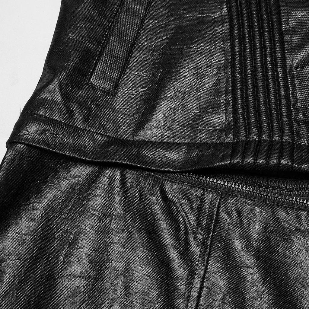PUNK RAVE Men's Punk Ruched Faux Leather Detachable Coat