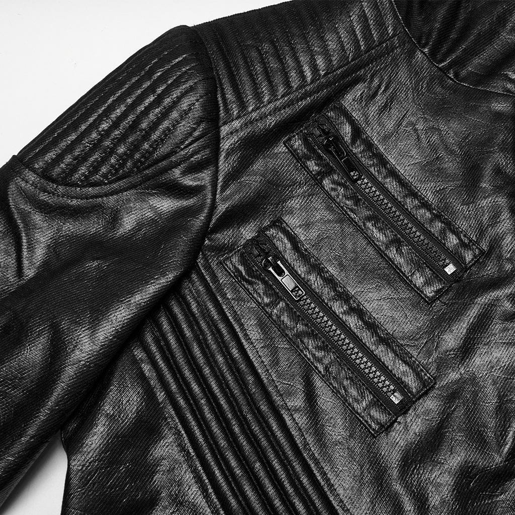 PUNK RAVE Men's Punk Ruched Faux Leather Detachable Coat