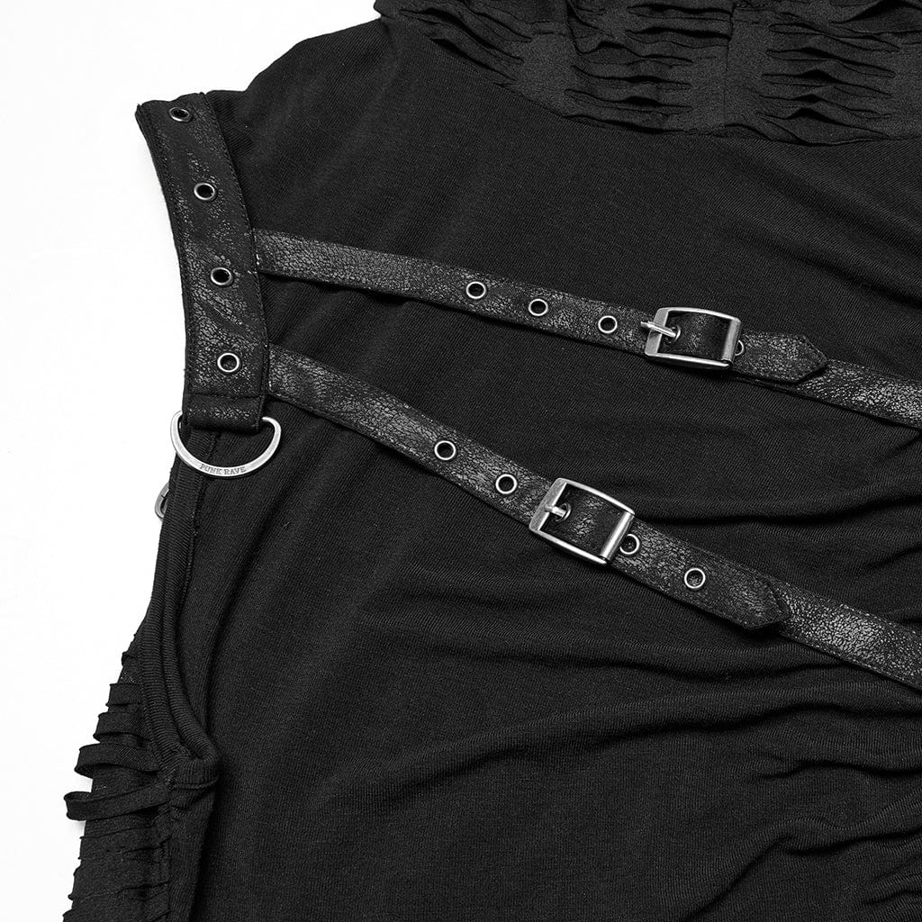 PUNK RAVE Men's Punk Ruched Ripped Hooded Vest