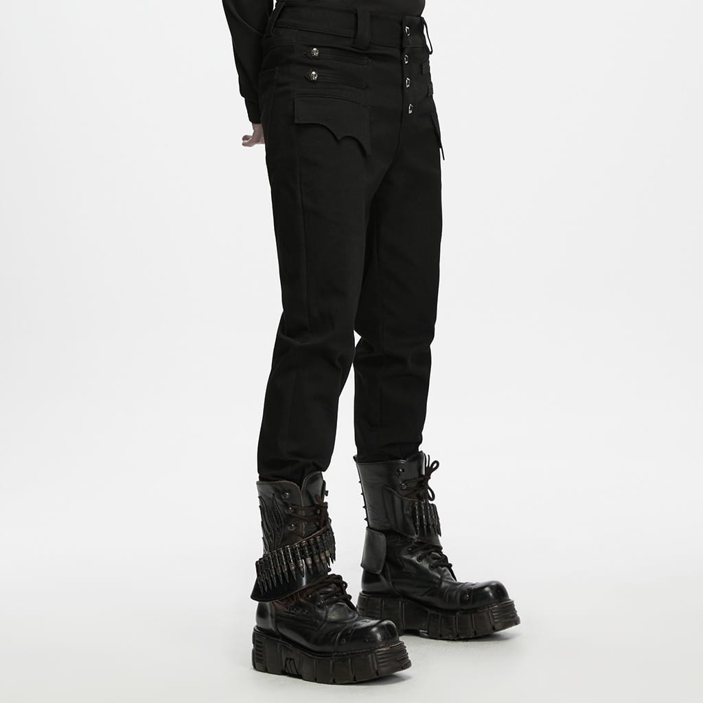 PUNK RAVE Men's Punk Skull Bat‑wing Flap Decor Slim Fit Trousers