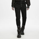 PUNK RAVE Men's Punk Skull Bat‑wing Flap Decor Slim Fit Trousers