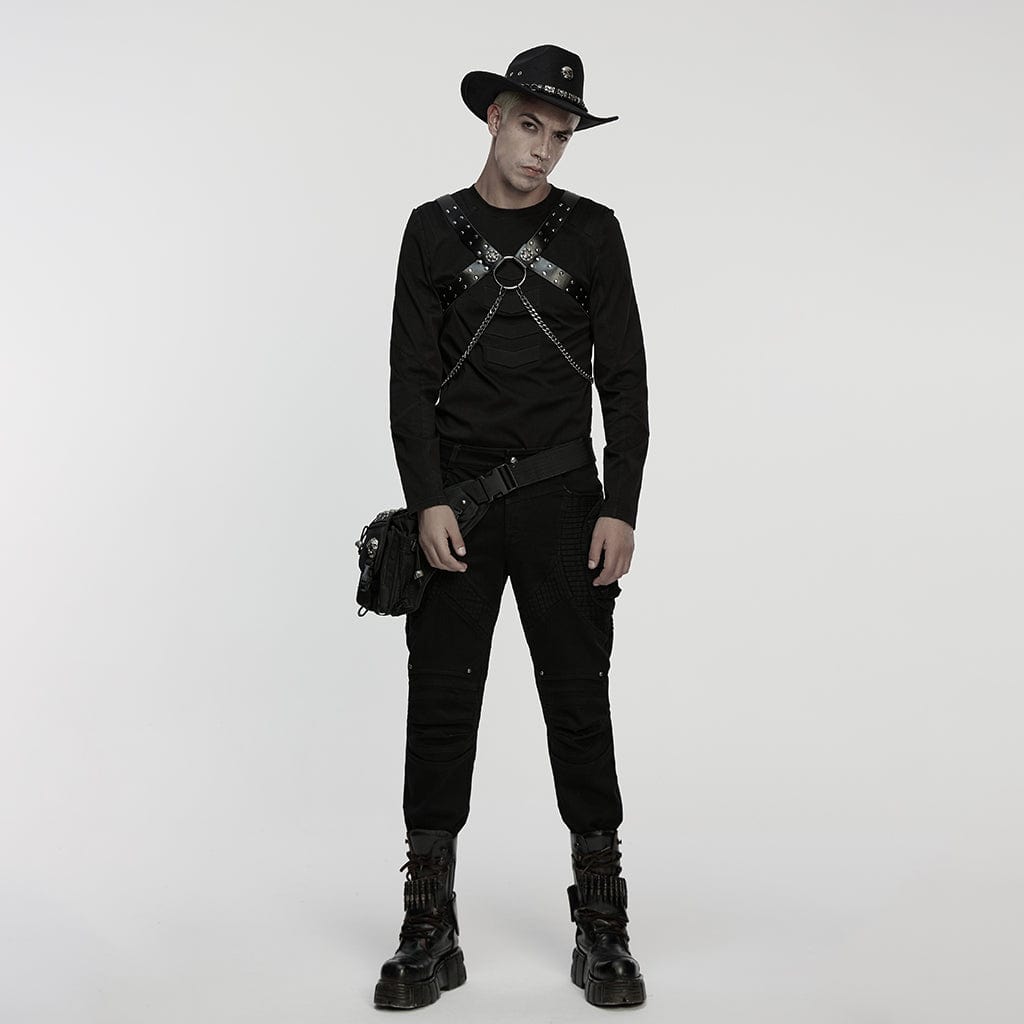 PUNK RAVE Men's Punk Skull Buckle-up Faux Leather Harness with Detachable Chains