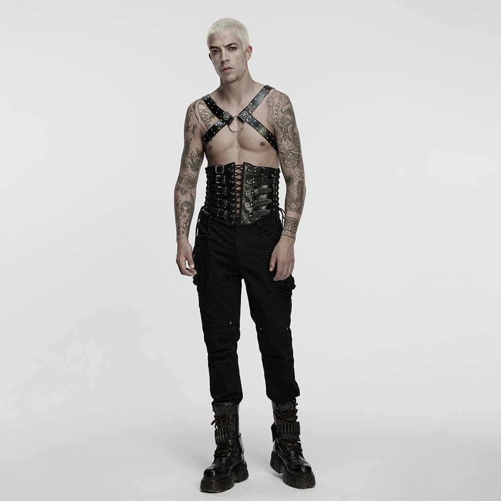 PUNK RAVE Men's Punk Skull Buckle-up Faux Leather Harness with Detachable Chains