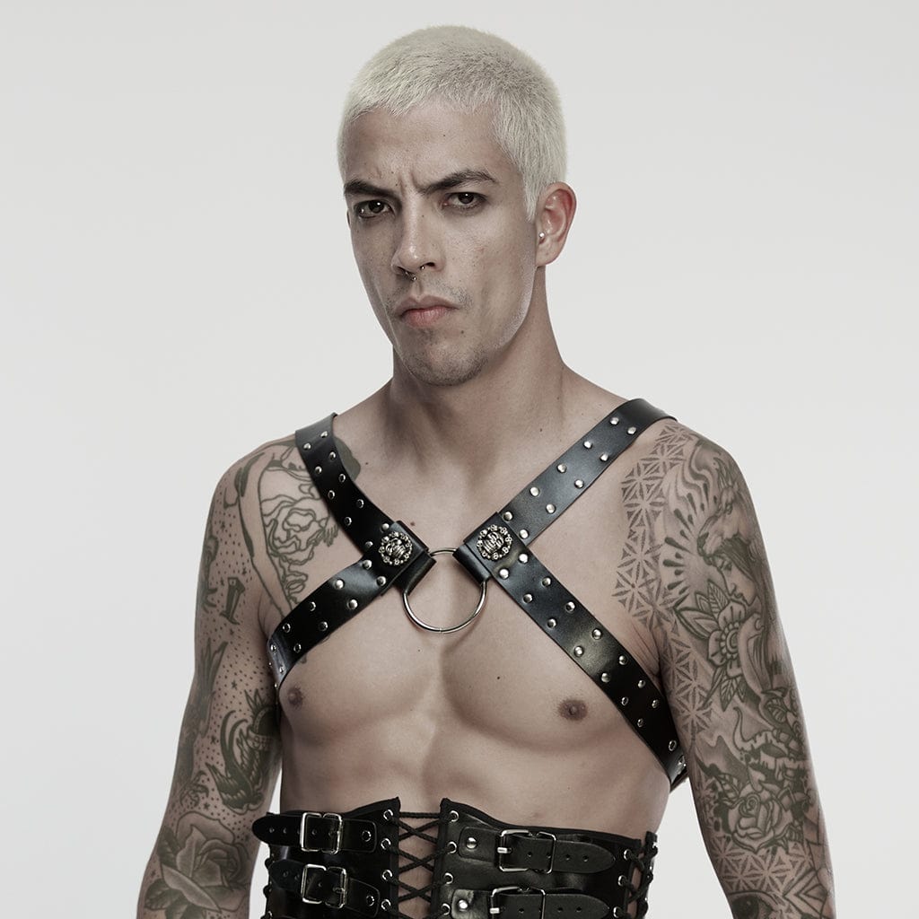 PUNK RAVE Men's Punk Skull Buckle-up Faux Leather Harness with Detachable Chains