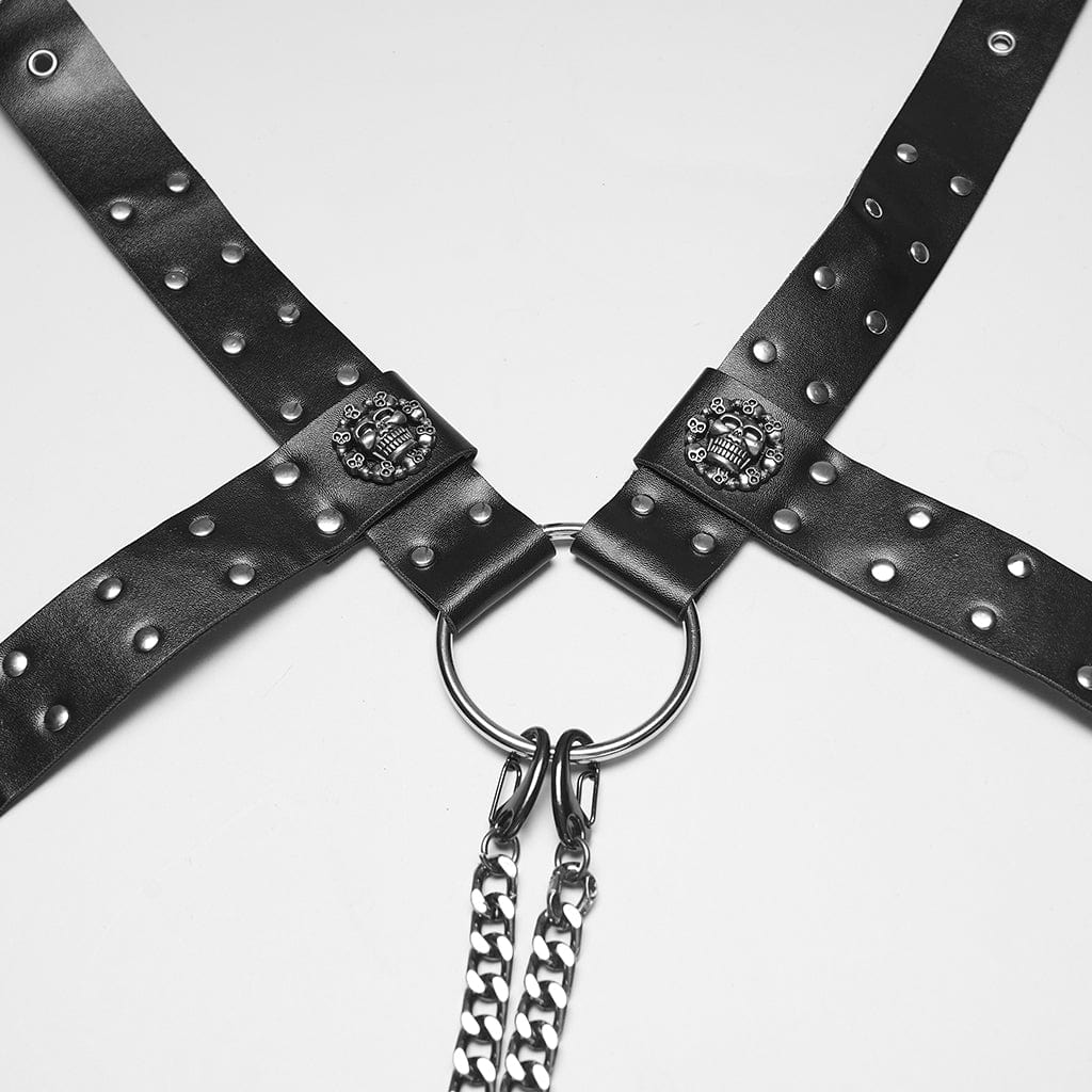 PUNK RAVE Men's Punk Skull Buckle-up Faux Leather Harness with Detachable Chains