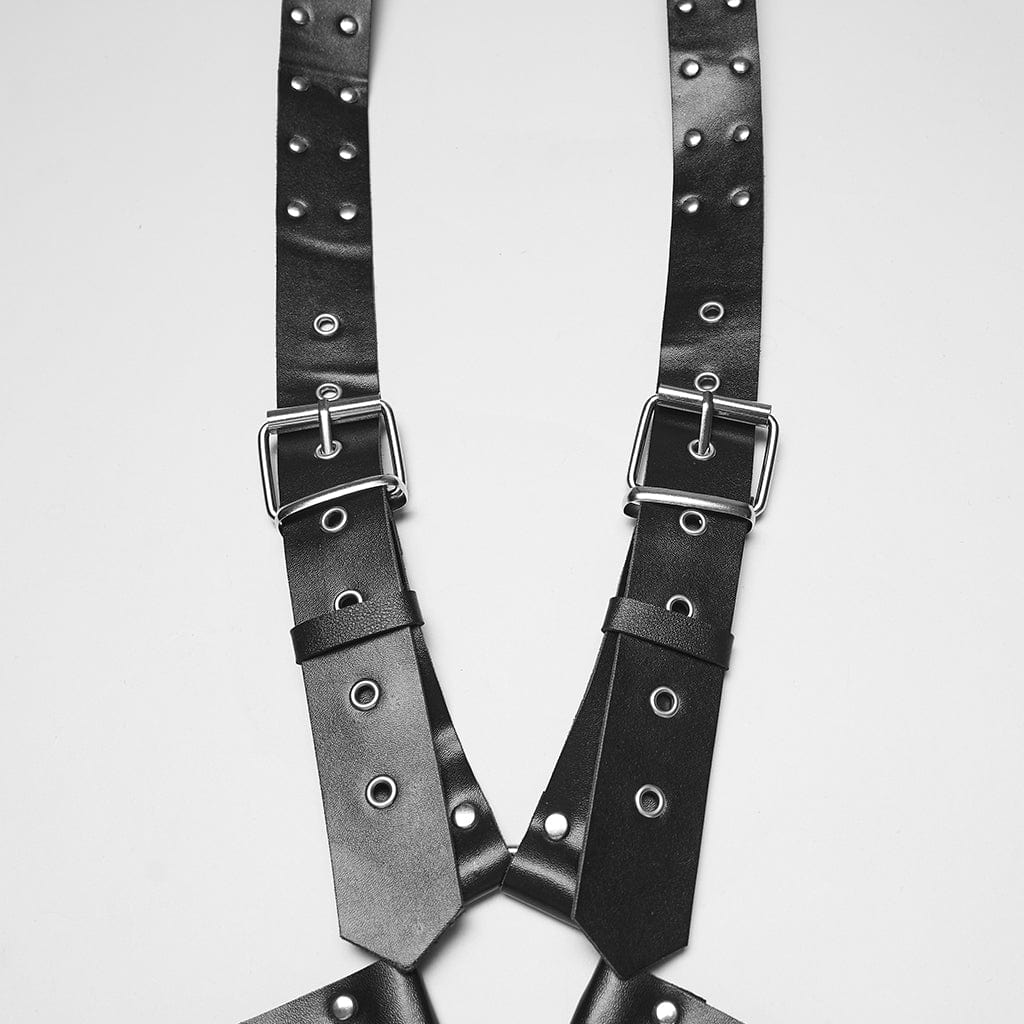 PUNK RAVE Men's Punk Skull Buckle-up Faux Leather Harness with Detachable Chains