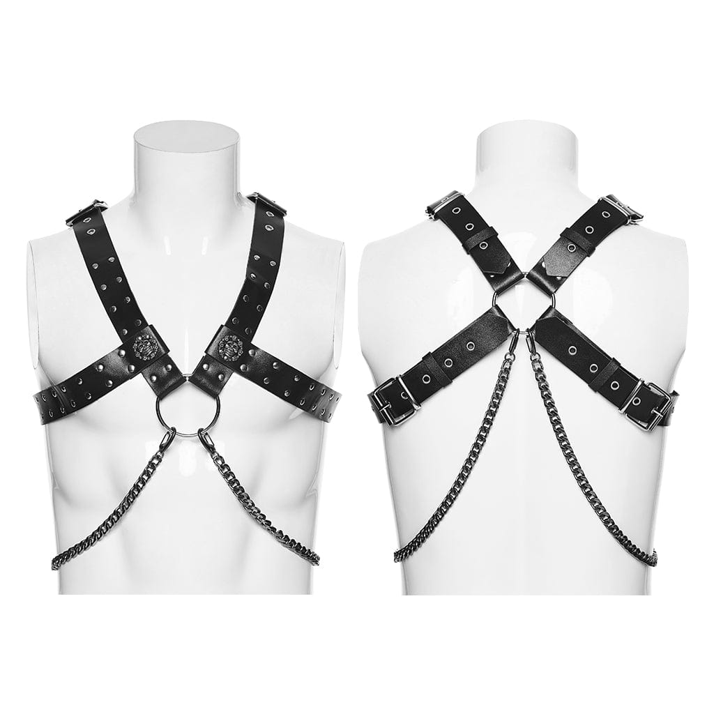 PUNK RAVE Men's Punk Skull Buckle-up Faux Leather Harness with Detachable Chains