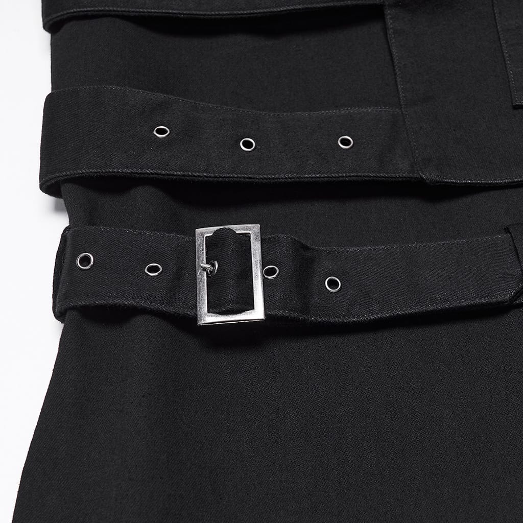 PUNK RAVE Men's Punk Skull Button Raw Edge Loose Pants with Detachable Leg Sleeve