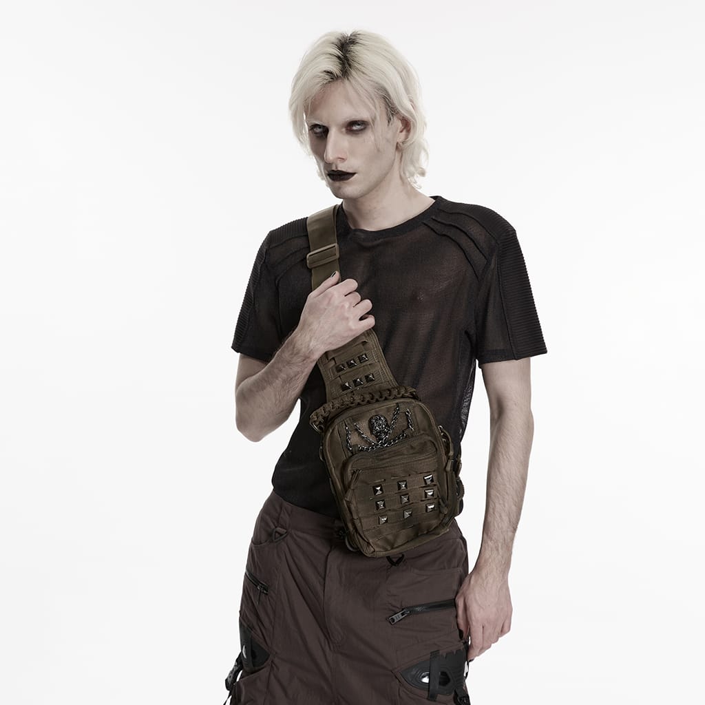 PUNK RAVE Men's Punk Skull Rivets Chained Backpack Coffee