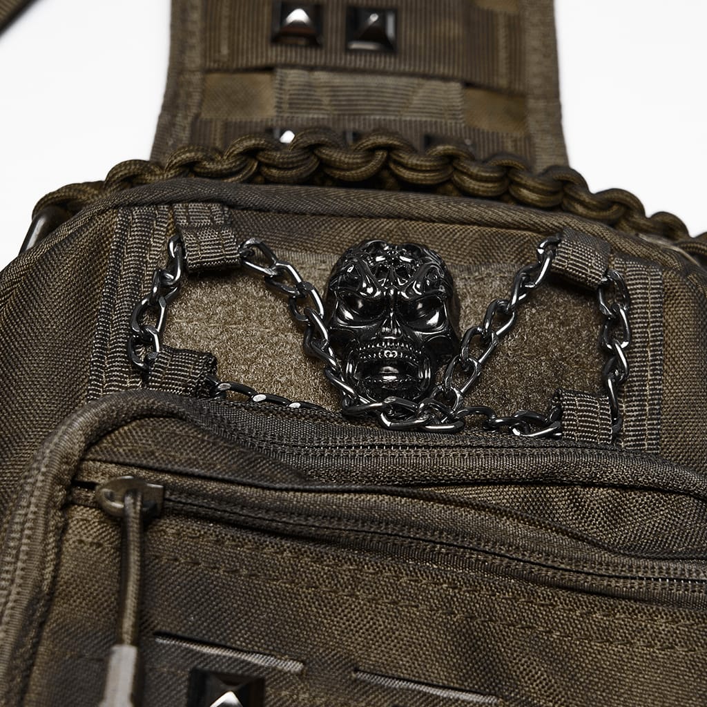 PUNK RAVE Men's Punk Skull Rivets Chained Backpack Coffee