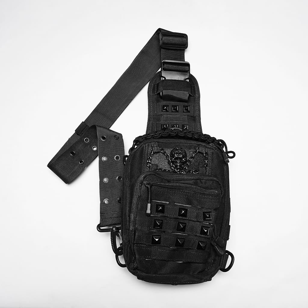 PUNK RAVE Men's Punk Skull Rivets Chained Crossbody Bag Black