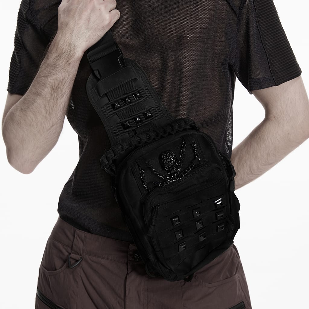 PUNK RAVE Men's Punk Skull Rivets Chained Crossbody Bag Black