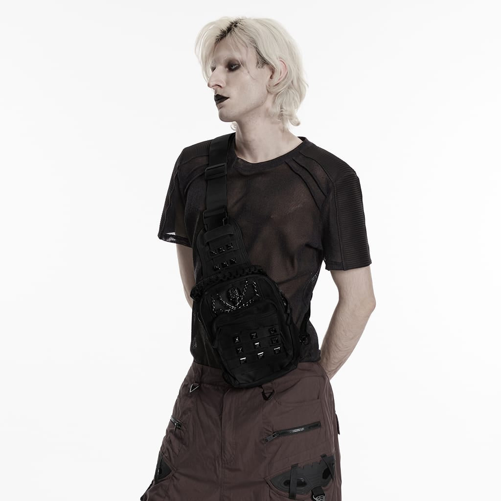PUNK RAVE Men's Punk Skull Rivets Chained Crossbody Bag Black