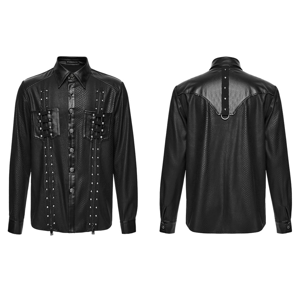 PUNK RAVE Men's Punk Snake Pattern Studded Turn-down Collar Long Sleeve Shirt