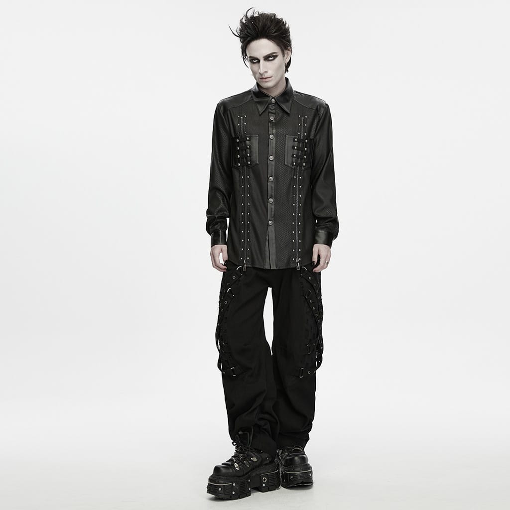 PUNK RAVE Men's Punk Snake Pattern Studded Turn-down Collar Long Sleeve Shirt