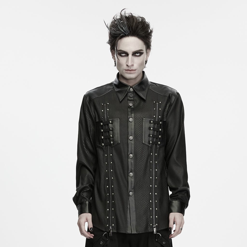 PUNK RAVE Men's Punk Snake Pattern Studded Turn-down Collar Long Sleeve Shirt