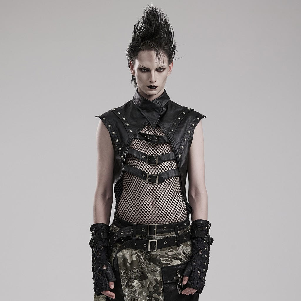 PUNK RAVE Men's Punk Splice Mesh Faux Leather Vest