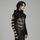 PUNK RAVE Men's Punk Stand Collar Cutout Jacket with Hood