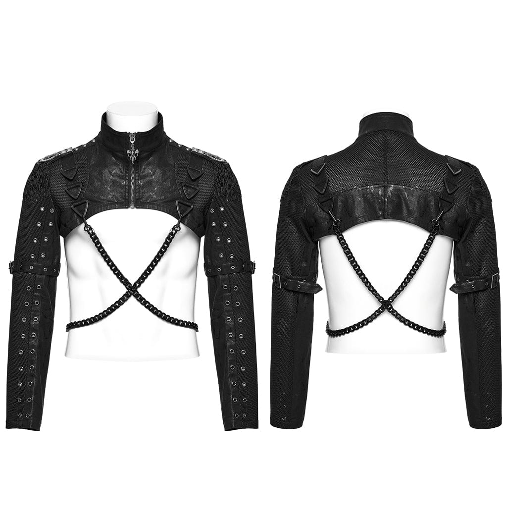 PUNK RAVE Men's Punk Stand Collar Eyelet Cape with Chain and Epaulets