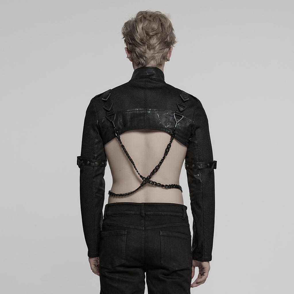 PUNK RAVE Men's Punk Stand Collar Eyelet Cape with Chain and Epaulets