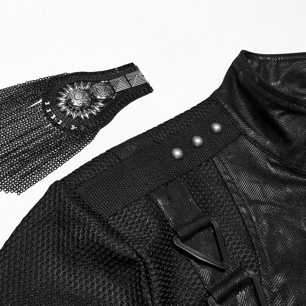 PUNK RAVE Men's Punk Stand Collar Eyelet Cape with Chain and Epaulets