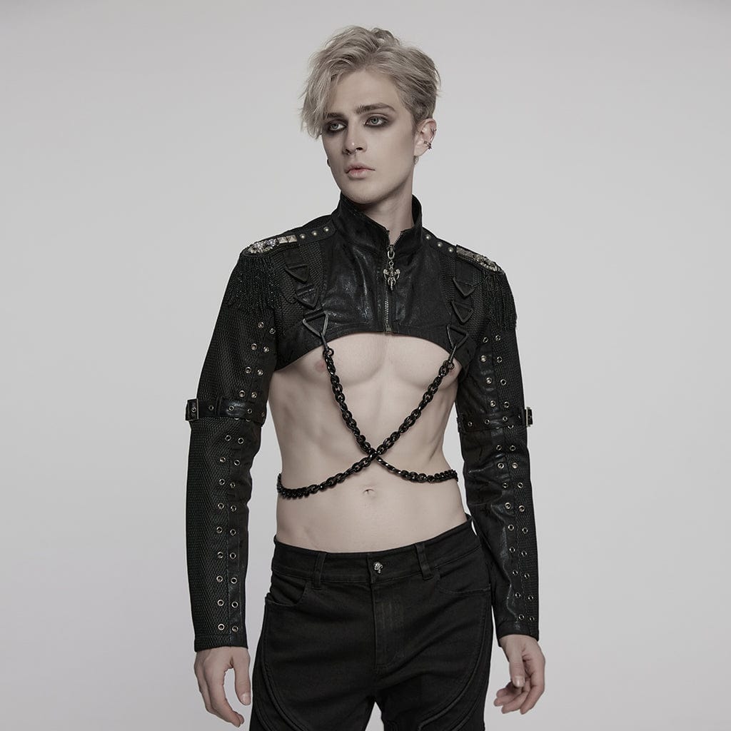 PUNK RAVE Men's Punk Stand Collar Eyelet Cape with Chain and Epaulets