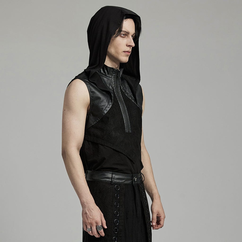 PUNK RAVE Men's Punk Stand Collar Faux Leather Splice Tank Top with Hood