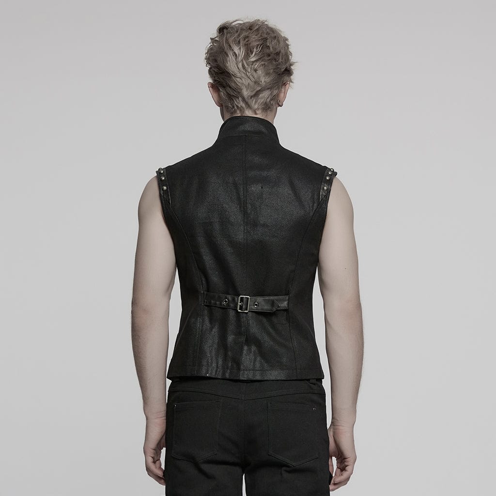 PUNK RAVE Men's Punk Stand Collar Mesh Splice Eyelet Vest