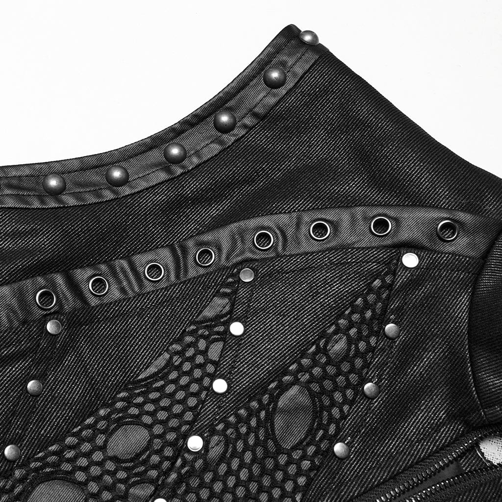 PUNK RAVE Men's Punk Stand Collar Mesh Splice Eyelet Vest