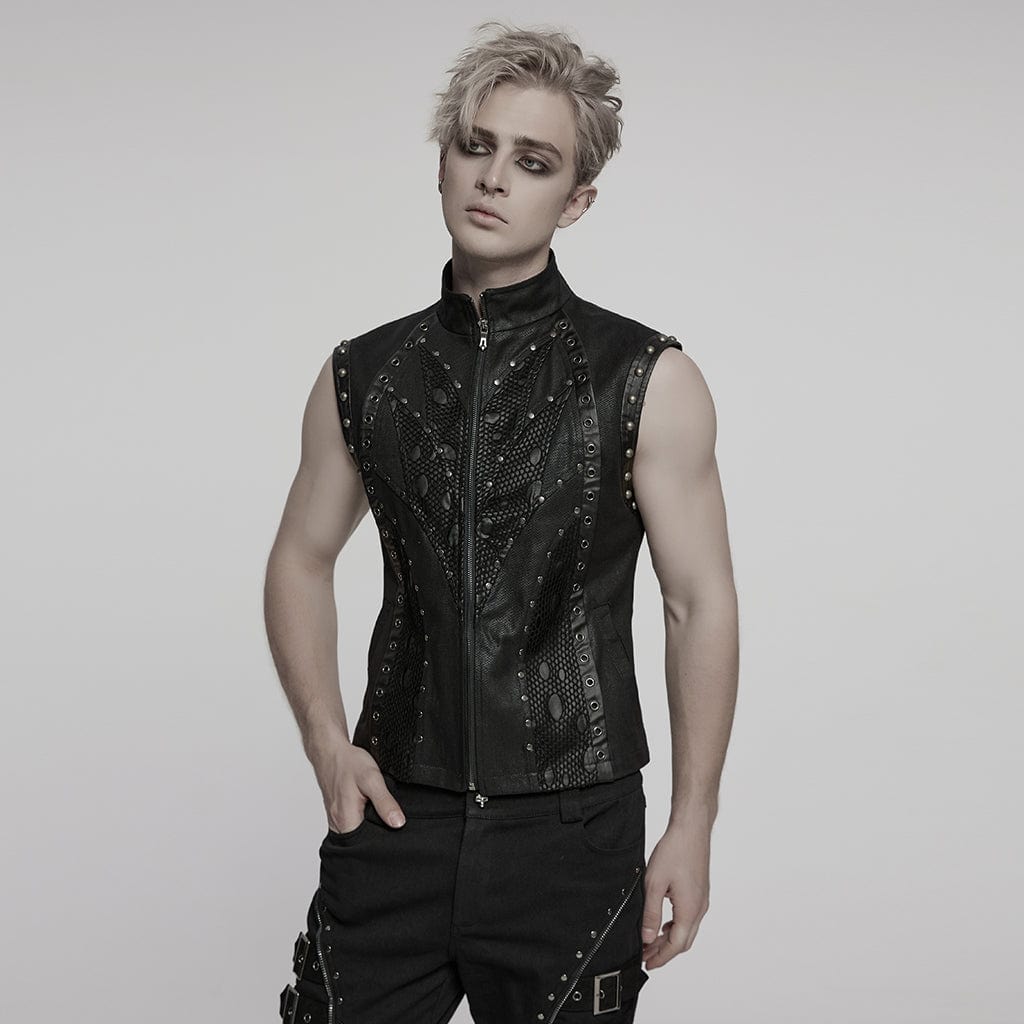 PUNK RAVE Men's Punk Stand Collar Mesh Splice Eyelet Vest