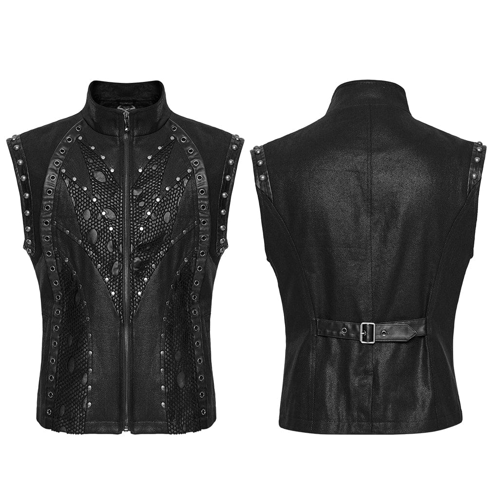 PUNK RAVE Men's Punk Stand Collar Mesh Splice Eyelet Vest