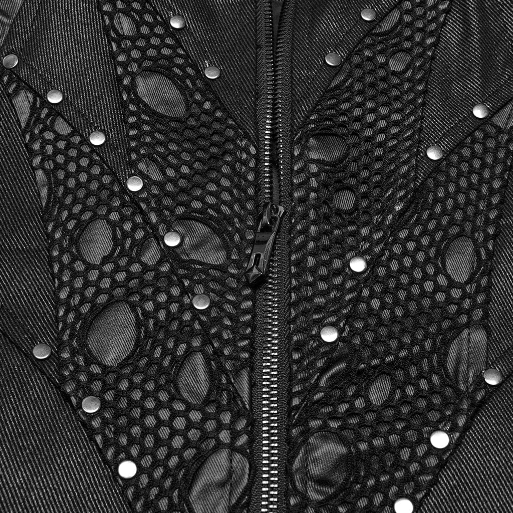 PUNK RAVE Men's Punk Stand Collar Mesh Splice Eyelet Vest