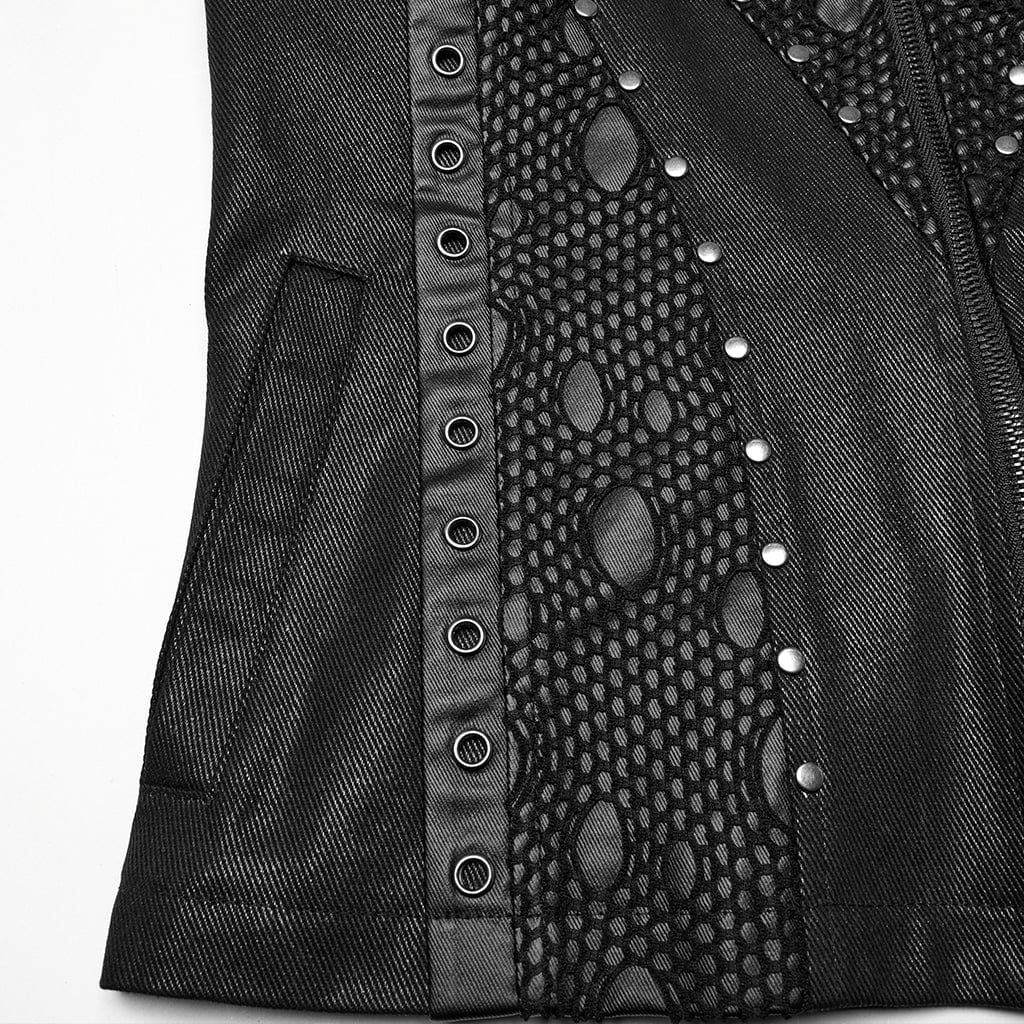 PUNK RAVE Men's Punk Stand Collar Mesh Splice Eyelet Vest