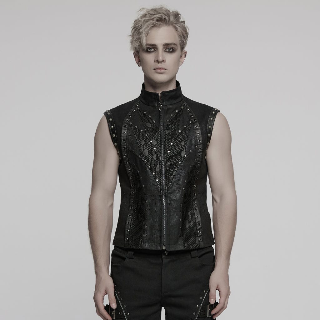 PUNK RAVE Men's Punk Stand Collar Mesh Splice Eyelet Vest