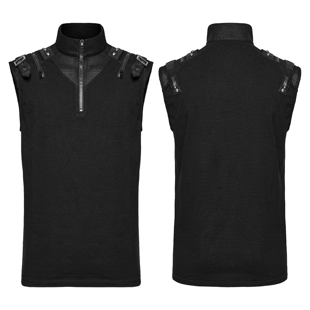 PUNK RAVE Men's Punk Stand Collar Mesh Splice Zipper Vest