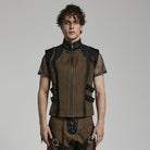 PUNK RAVE Men's Punk Stand Collar Strap Vest Coffee