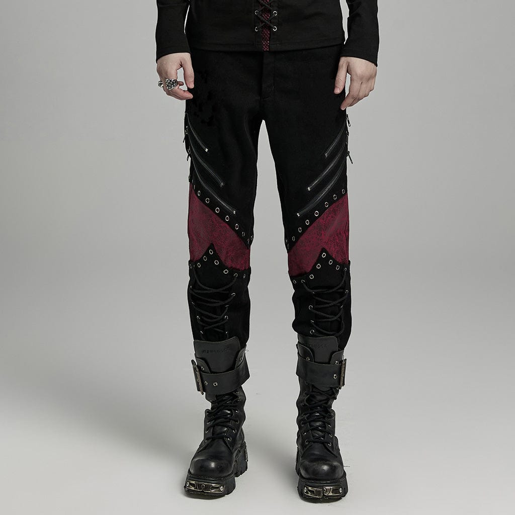 PUNK RAVE Men's Punk Strappy Faux Leather Splice Black Red Pants