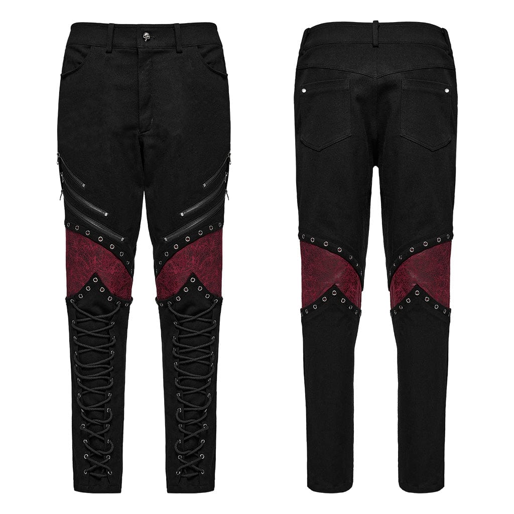 PUNK RAVE Men's Punk Strappy Faux Leather Splice Black Red Pants