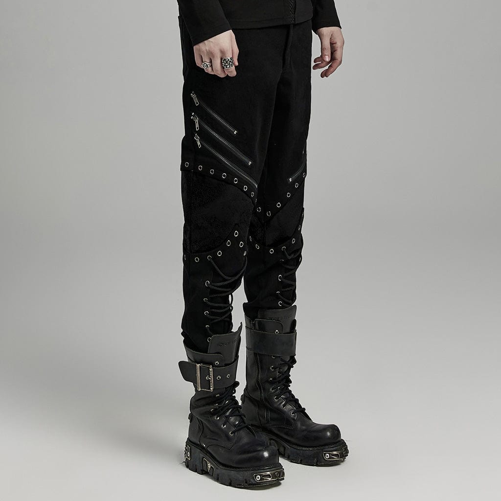 PUNK RAVE Men's Punk Strappy Faux Leather Splice Zipper Pants